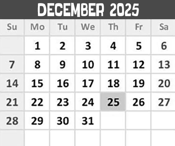 December 2025 calendar for Dambo's Trolls Exhibit Asheville