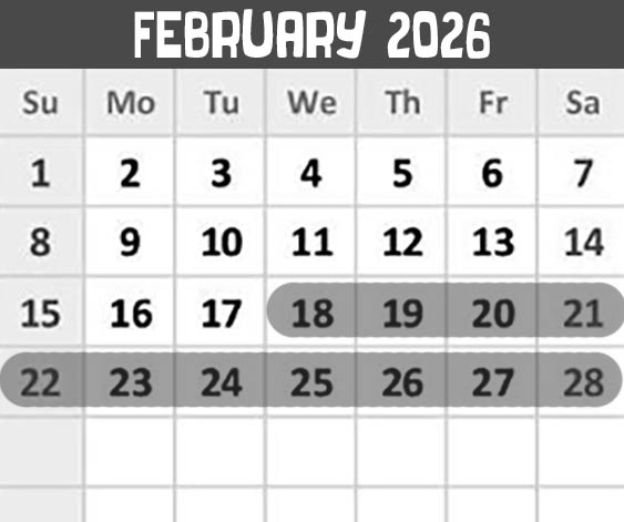 February 2026 calendar for Dambo's Trolls Exhibit Asheville